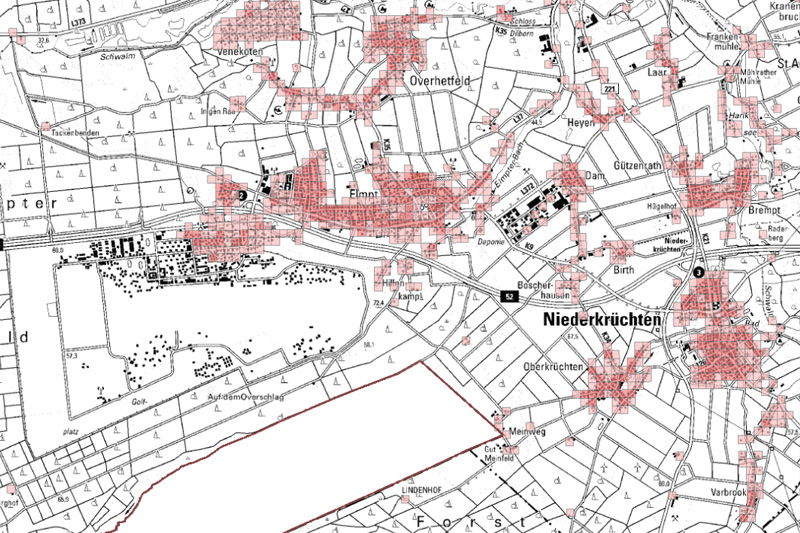 Bild aus dem Energieatlas zur Kommunalen Wärmeplanung der Gemeinde Niederkrüchten. Zu sehen sind auf einer Karte der Gemeinde rot eingefärbte Bereiche.