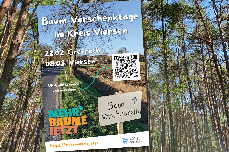 Das Plakate der "Baum-Verschenktage" im Kreis Viersen mit Orts- und Zeitangaben sowie einem QR-Code. Im Hintergrund Wald.