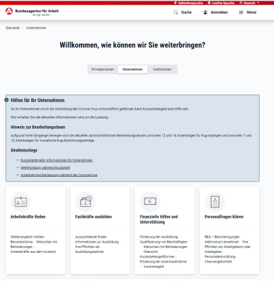 Es ist ein Screenshot von der Internetseite der Bundesagentur für Arbeit zu sehen.