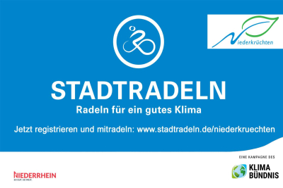 Veranstaltungsbanner für die Aktion STADTRADELN mit dem Klimaschutzlogo der Gemeinde Niederkrüchten sowie den Logos "Niederrhein" und "Klimabündnis"