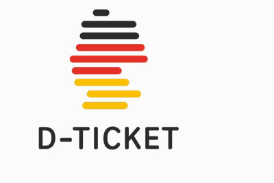 Das Logo des Deutschlandticket. Ein Umriss der Bundesrepublik Deutschland in den Farben Schwarz, Rot und Gold. Darunter der Schriftzug "D-TICKET"