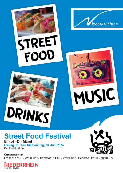 Plakat mit Polaroids auf denen Street Food, eine Musikkassette und Getränke zu sehen sind. 