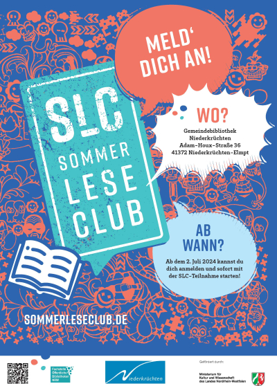 Plakat zum Sommerleseclub mit Informationen in bunten Sprechblasen und einem Buch als Icon.