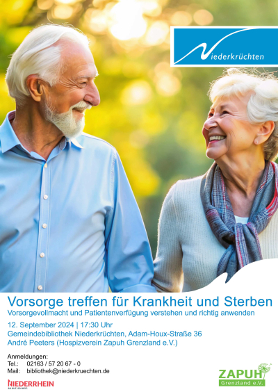 Plakat mit einem Seniorenpaar, das sich anschaut und anlächelt vor einem sonnigen Hintergrund mit Bäumen