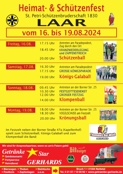 Plakat mit Informationen zum Festprogramm des Schützenfestes sowie Bildern des Königspaars, der Schützen bei einer Kranzniederlegung, der Königsparade, des Klompenballs und des Schützenkönigs mit zwei weiteren Schützenmitbrüdern.