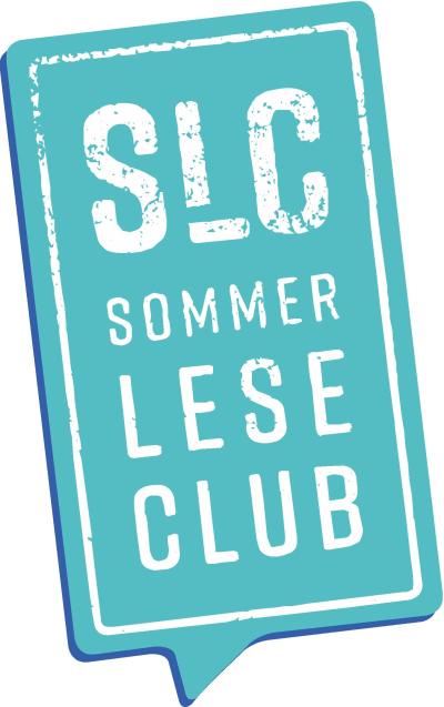 Türkises Rechteck als Sprechblase mit weißem Text "SLC Sommerleseclub"